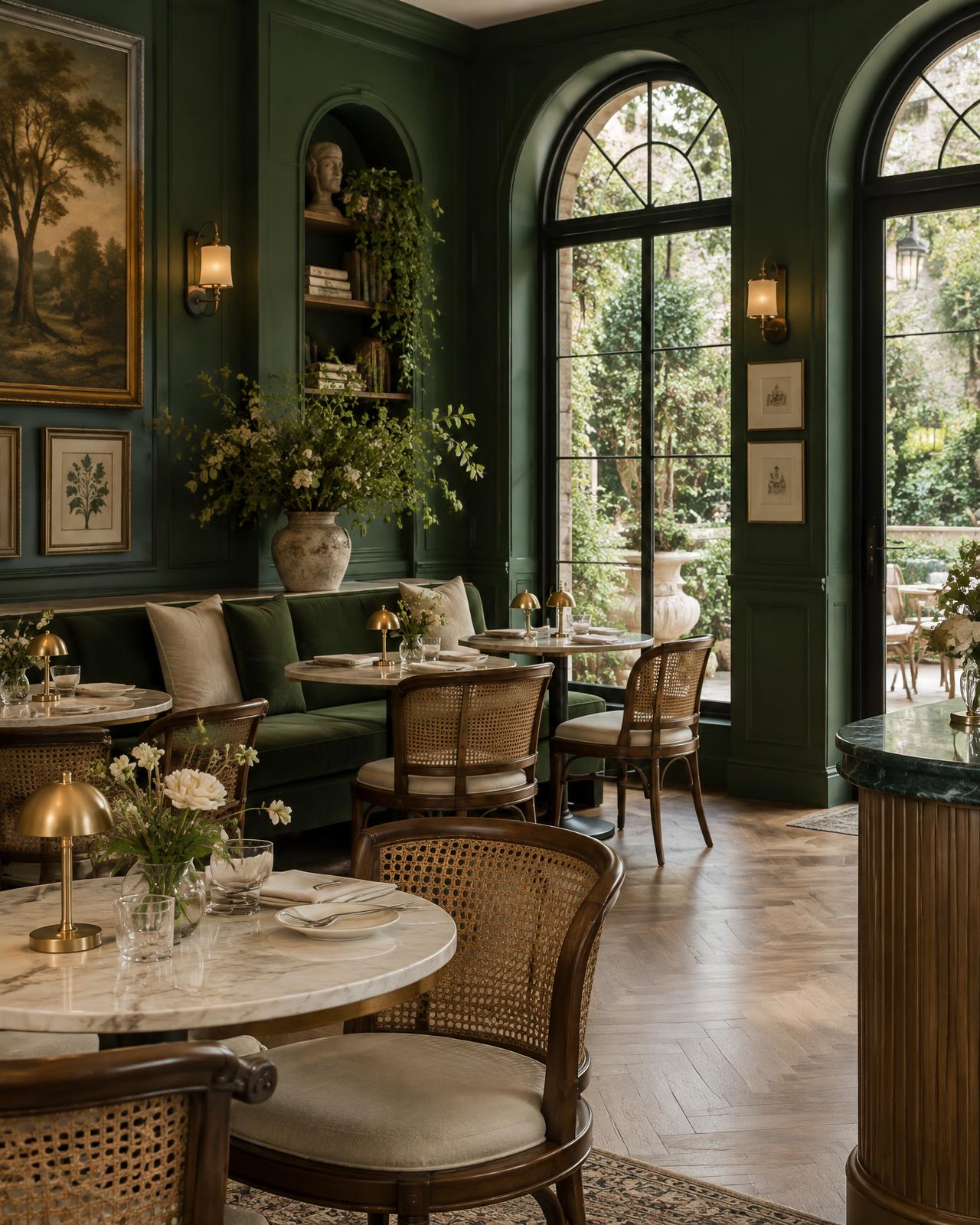 Green-panelled dining room with arched garden windows at Oh La La Cafe