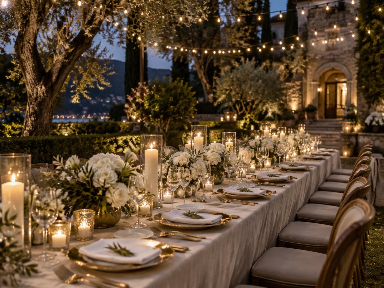 Long candlelit table set for a private dinner in the garden