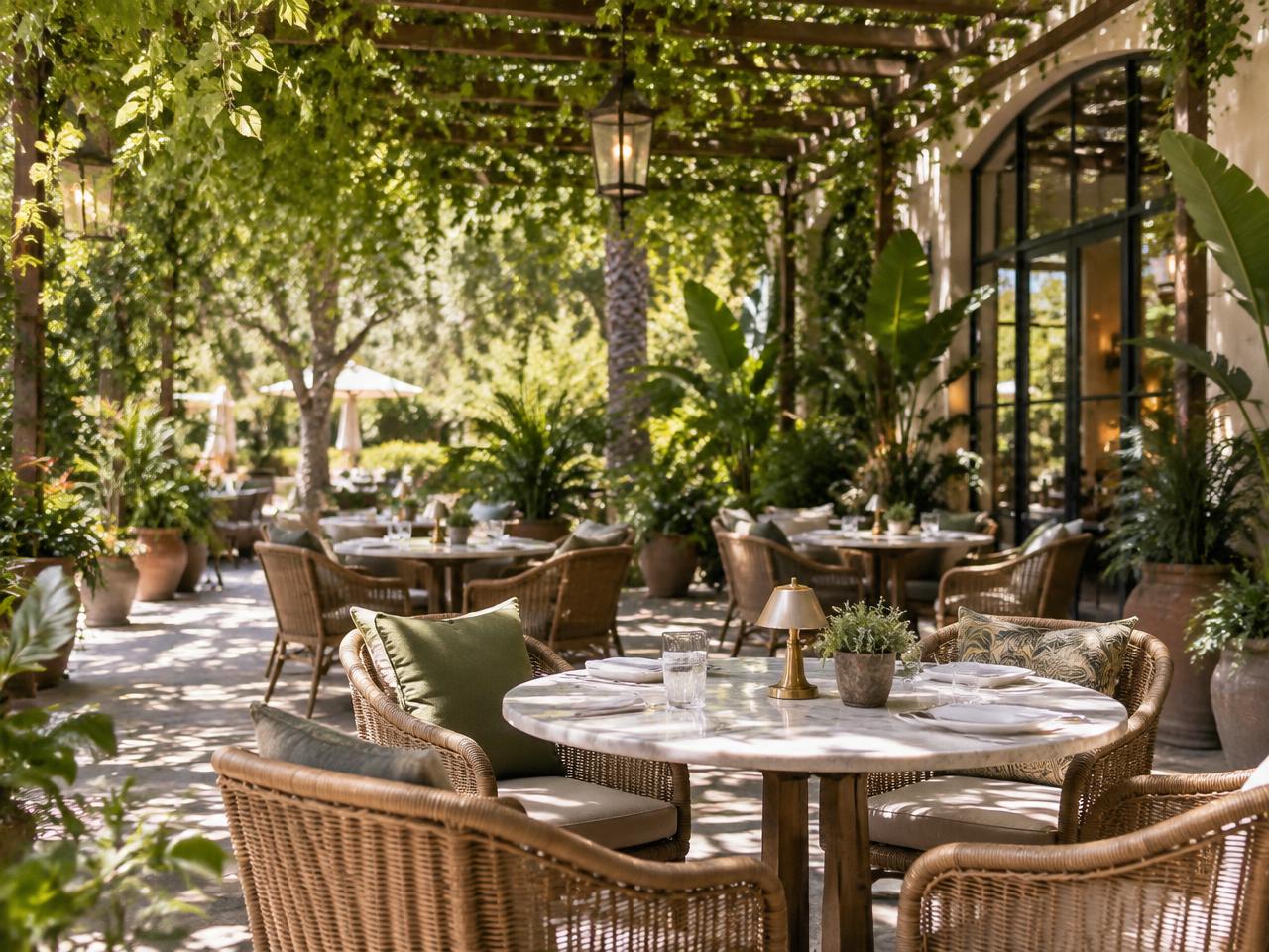 Garden seating under a leafy pergola